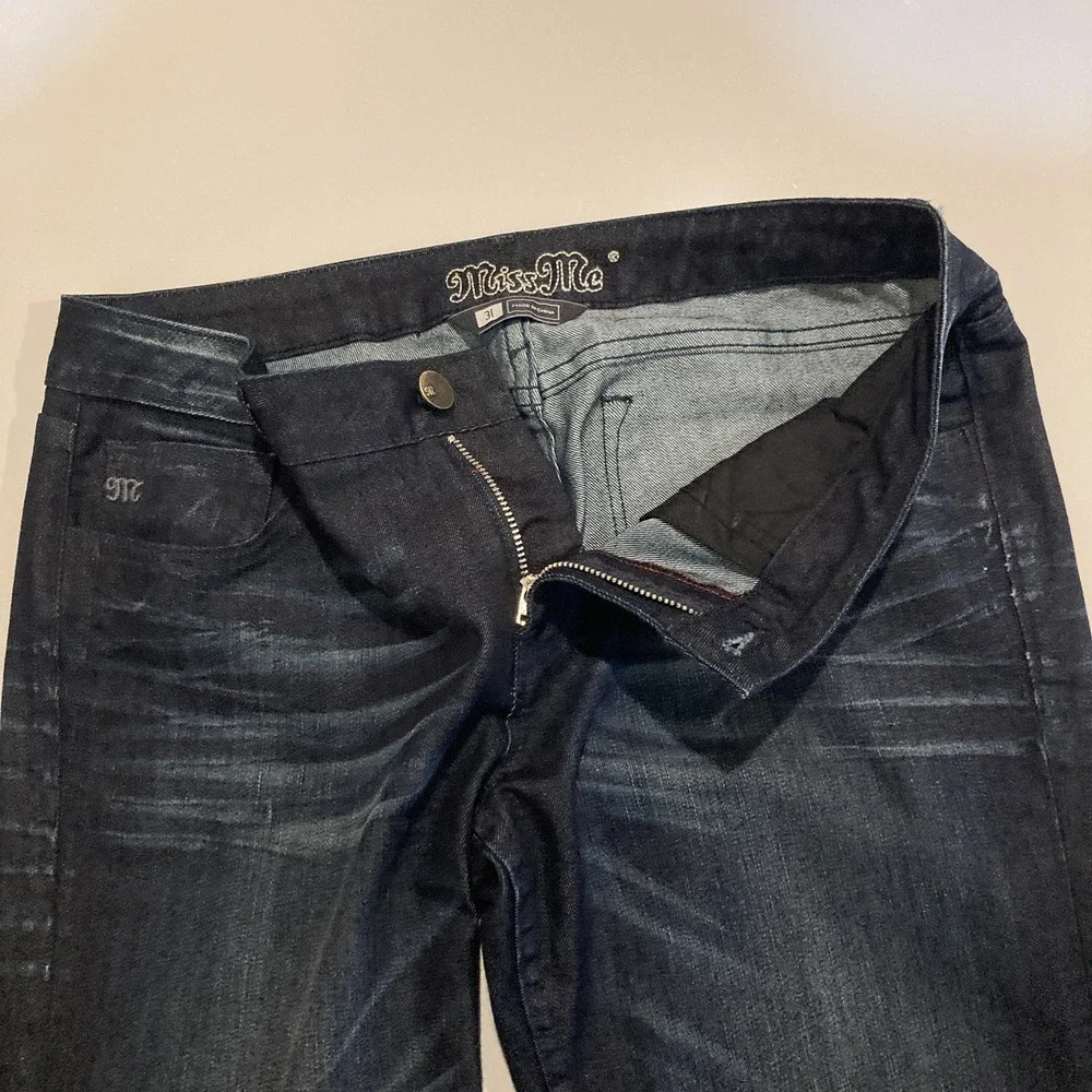 MISS ME Jeans Women NICOLE Size 31 Low‎ Rise Skinny Stretch Whiskered Dark Blue